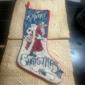 Vintage Embroidered Christmas Stocking with Santa Design Cotton Velvet
